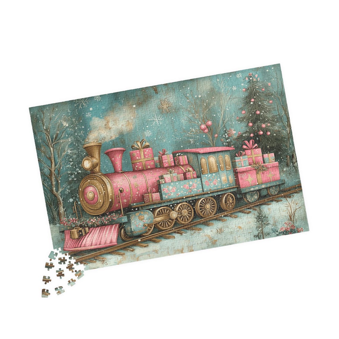 Pink and Blue Christmas Train with Presents Snowy Winter Poster - Image 4