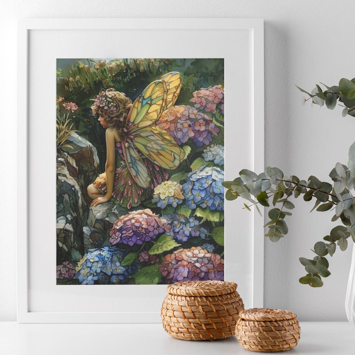 Fairy With Stained Glass Wings Among Hydrangeas Painting Poster - Image 2