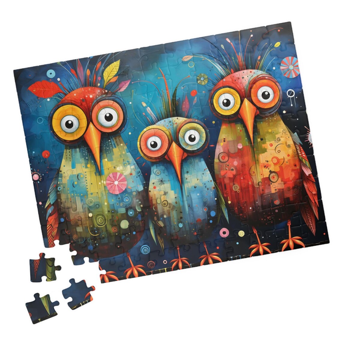 Three Colorful Whimsical Owls With Big Googly Eyes Mosaic Art Poster