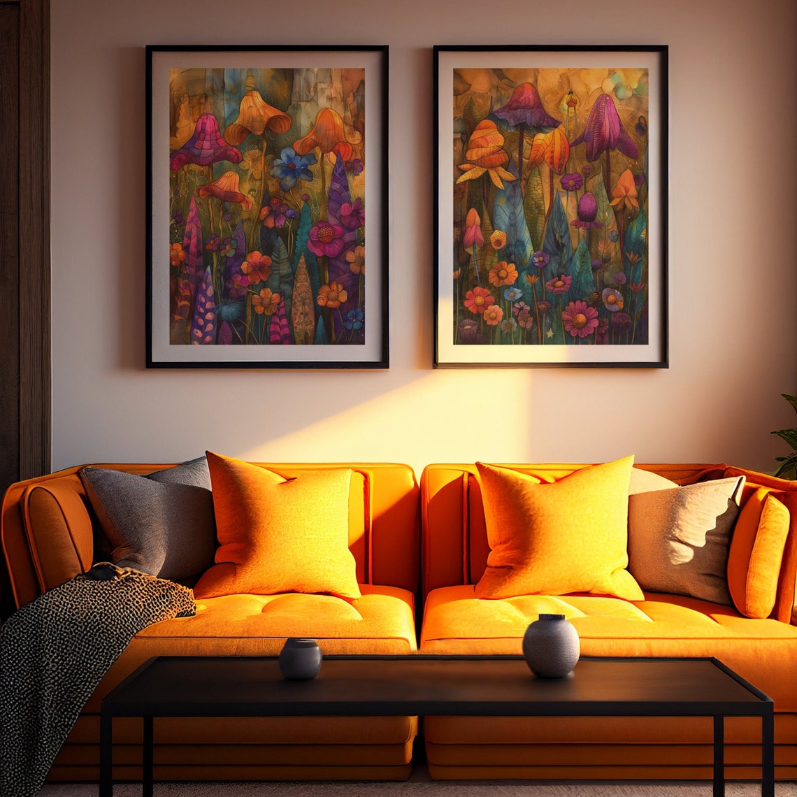 Psychedelic Autumn Wildflower Meadow in Jewel Watercolor Tones Print - Image 3