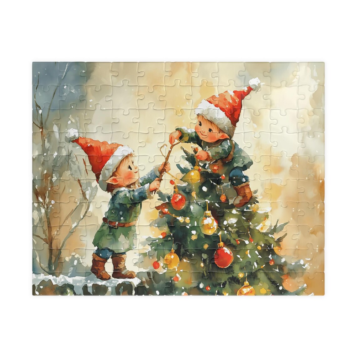 Two Sweet Elves Decorating A Small Christmas Tree Watercolor Print - Image 5