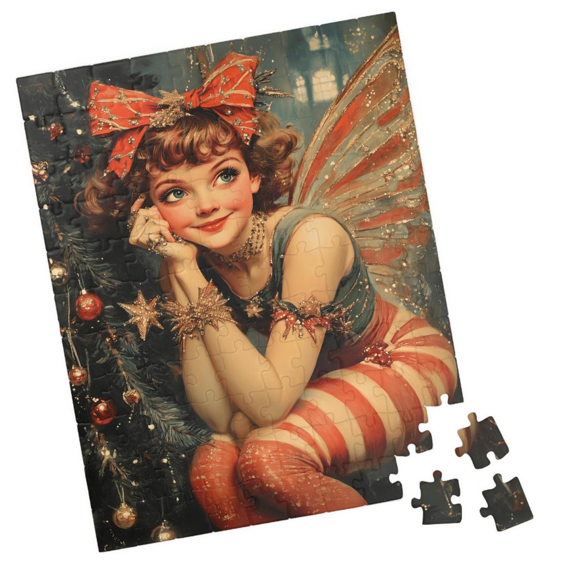 Vintage Christmas Fairy With Red Bow And Striped Stockings Poster