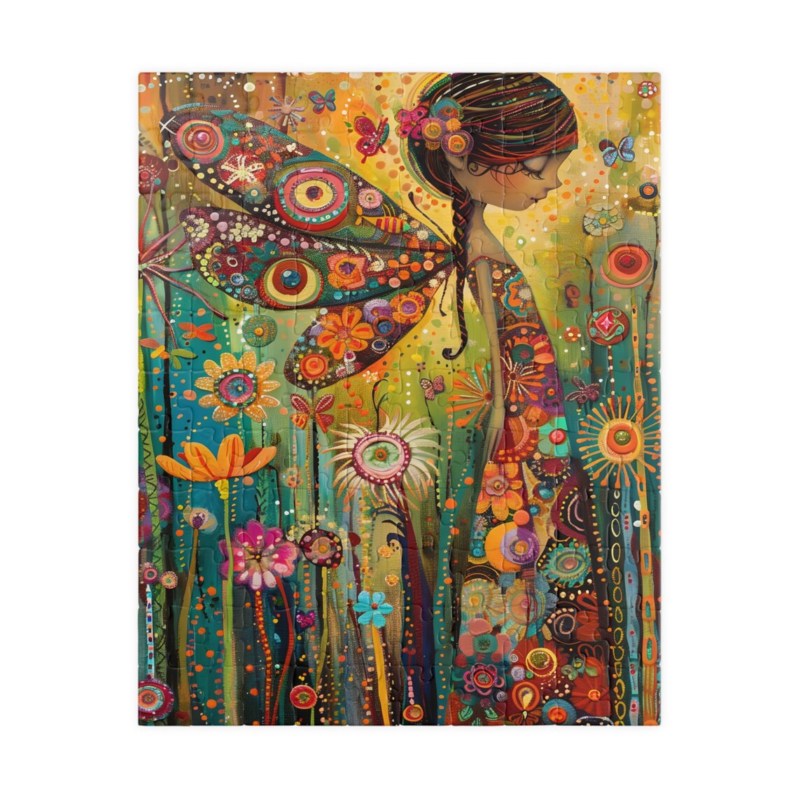 Whimsical Fairy Girl With Ornate Patterned Wings in Flower Field Poster - Image 2