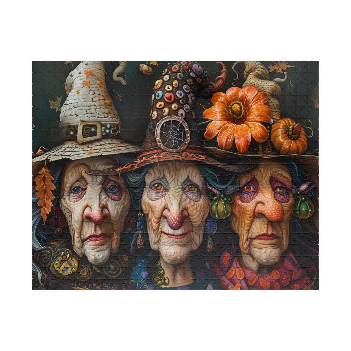 Three Whimsical Witches With Decorative Hats Halloween Art Poster - Image 2