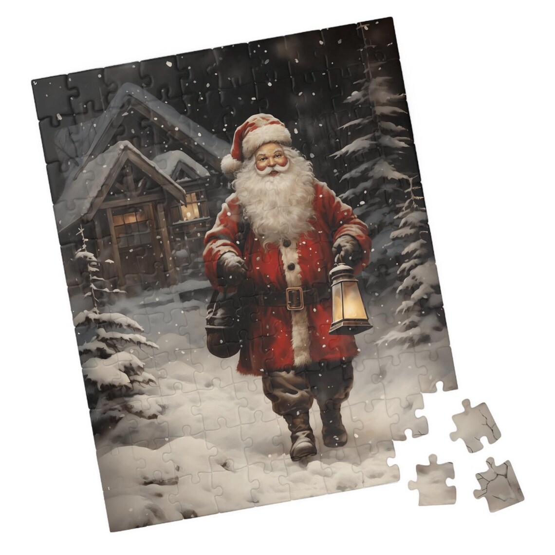 Santa Claus Walking in Snow With Lantern by Cozy Cabin at Night Poster
