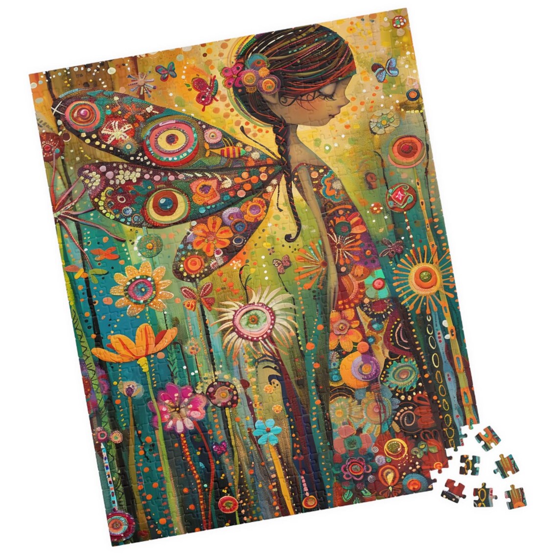 Whimsical Fairy Girl With Ornate Patterned Wings in Flower Field Poster