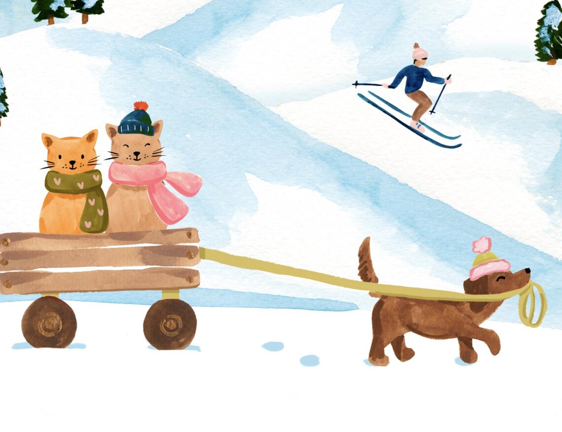Whimsical Winter Ski Art Print, Mountain Landscape - Image 2