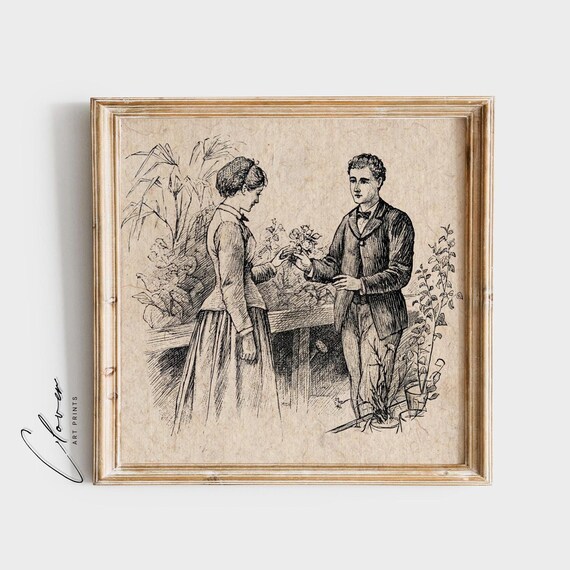 Little Women Vintage Book Sketch Woman Receiving Flowers Poster