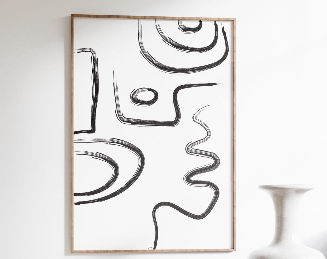 Abstract Ink Drawing Poster Bold Black Brush Shapes on White