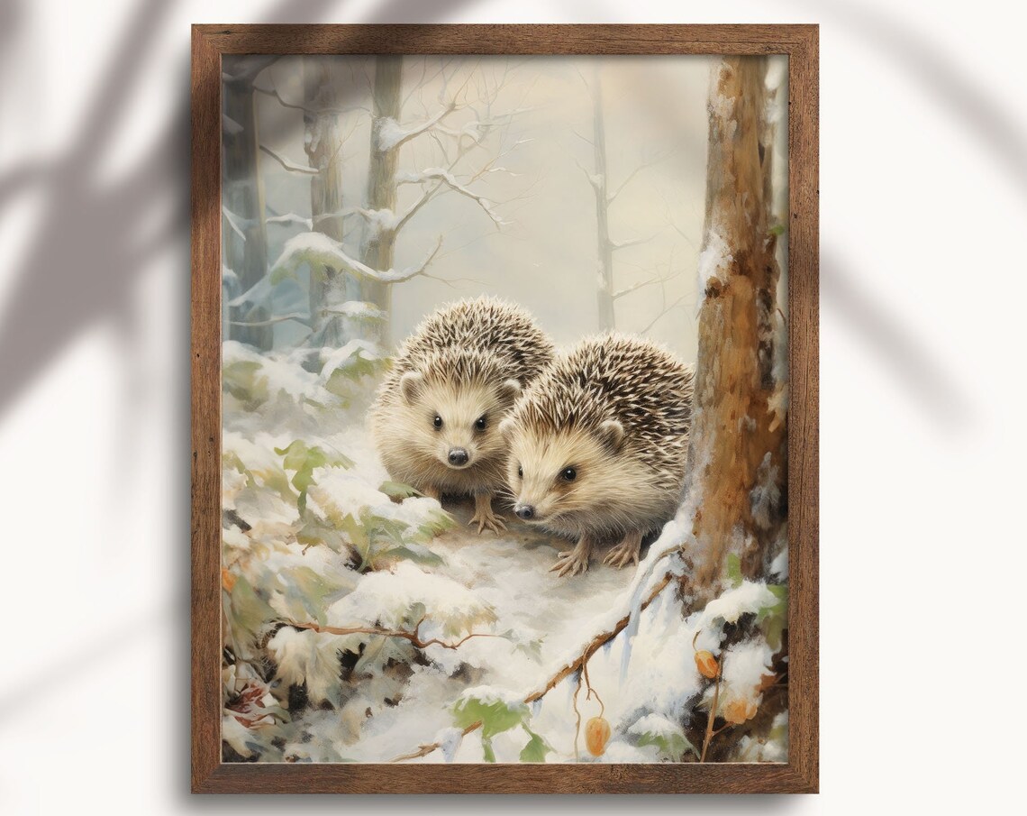 Cute Hedgehog Pair in Winter Snow Forest Nursery Animal Poster
