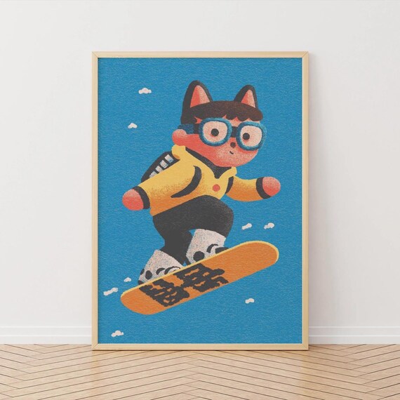 Cute Snowboarder Kid Cartoon In Yellow Jacket Blue Sky Print