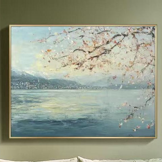 Original Oil Painting Of Lake Zurich Large Lake View Wall Art Cherry Blossom Artwork Handmade Wall Art 3d Texture Vintage Wall Decor