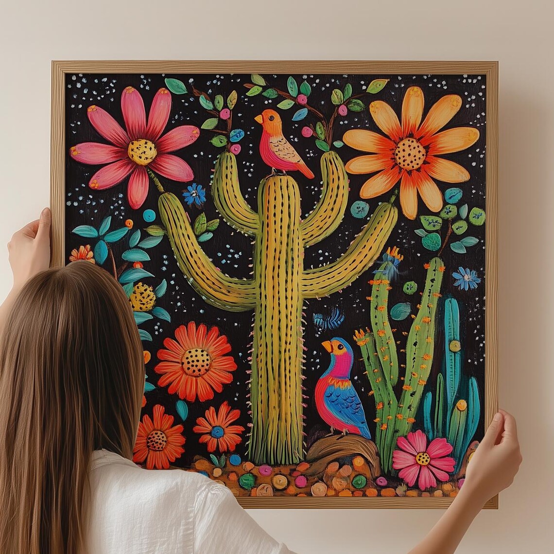 Mexican Folk Art Cactus Birds Night Floral Boho Handpainted Poster