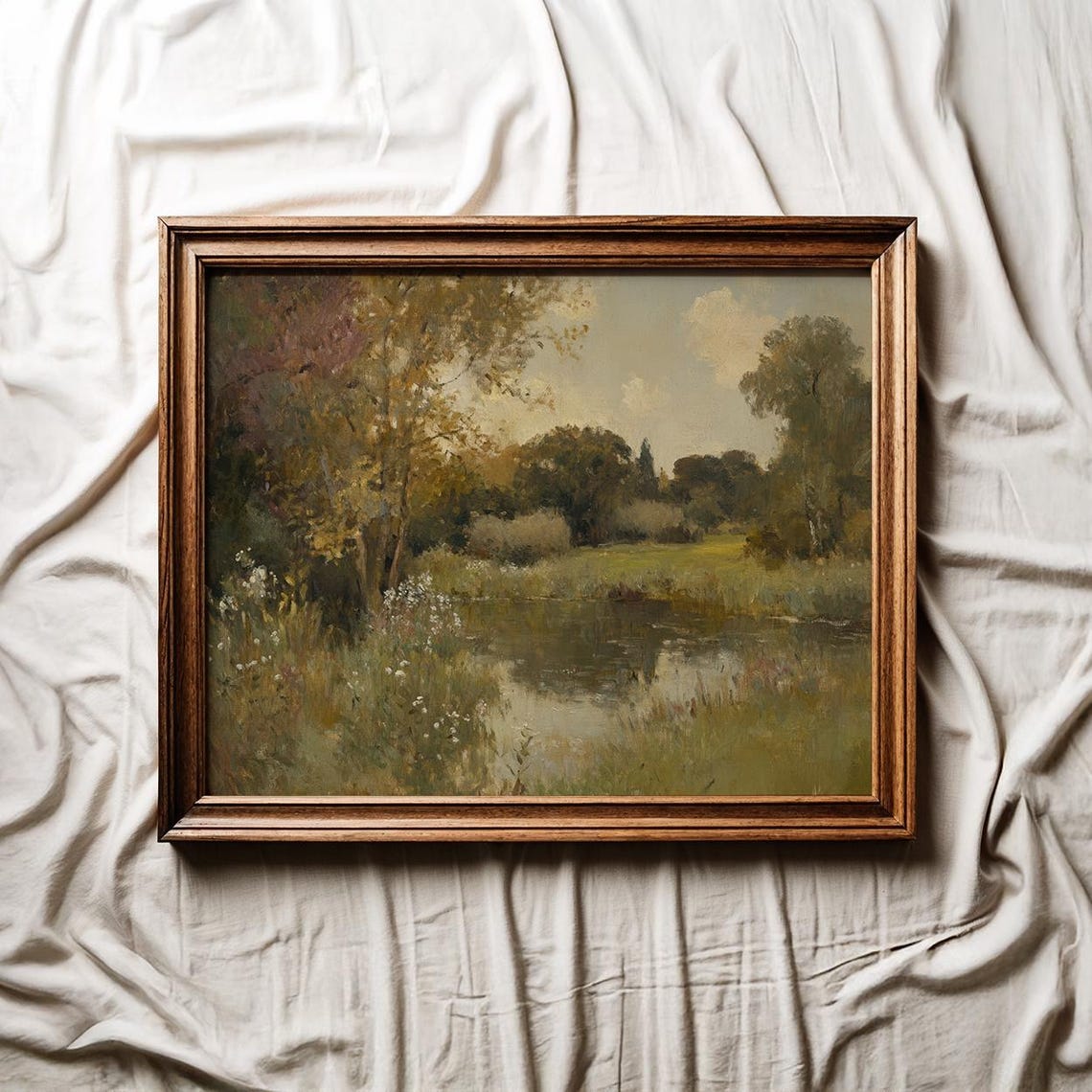 Vintage Landscape Wall Art Landscape Oil Painting Sage Green Wall Art Country Landscape Print Muted Neutral Landscape Painting - Image 2