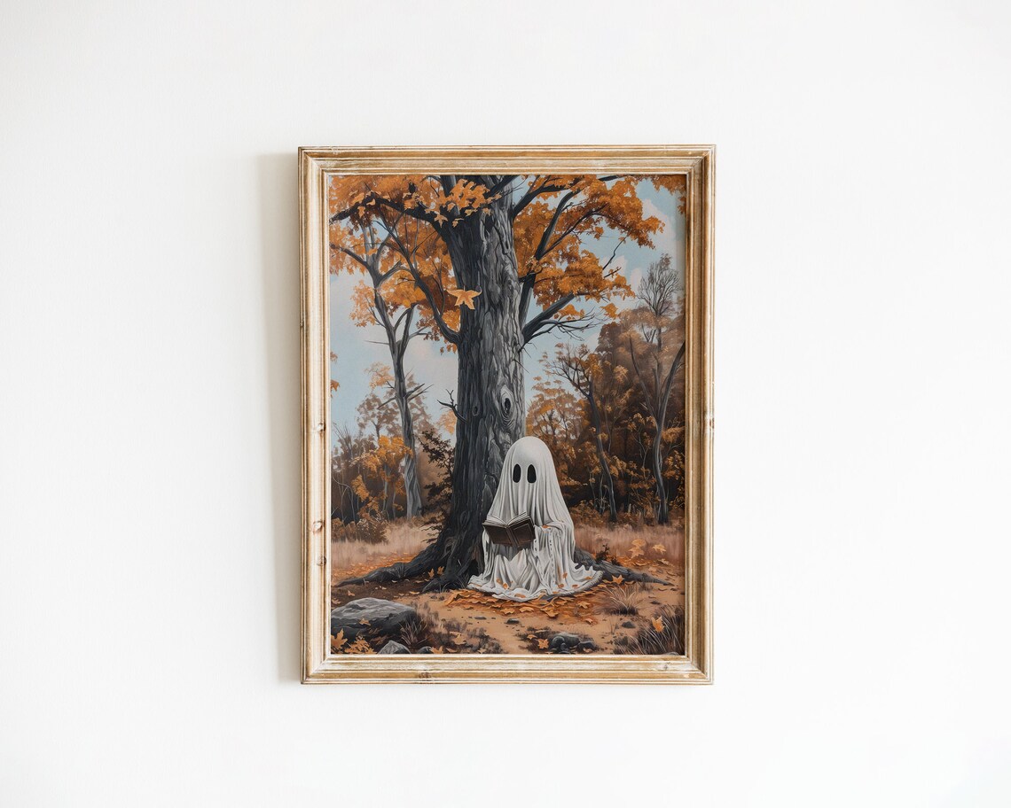 Cute Ghost Reading Under Autumn Tree Cozy Halloween Art Poster - Image 2