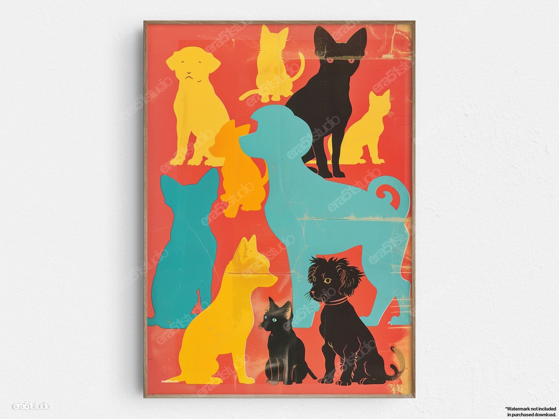 Colorful Dog And Cat Silhouettes Midcentury Modern Minimalist Poster
