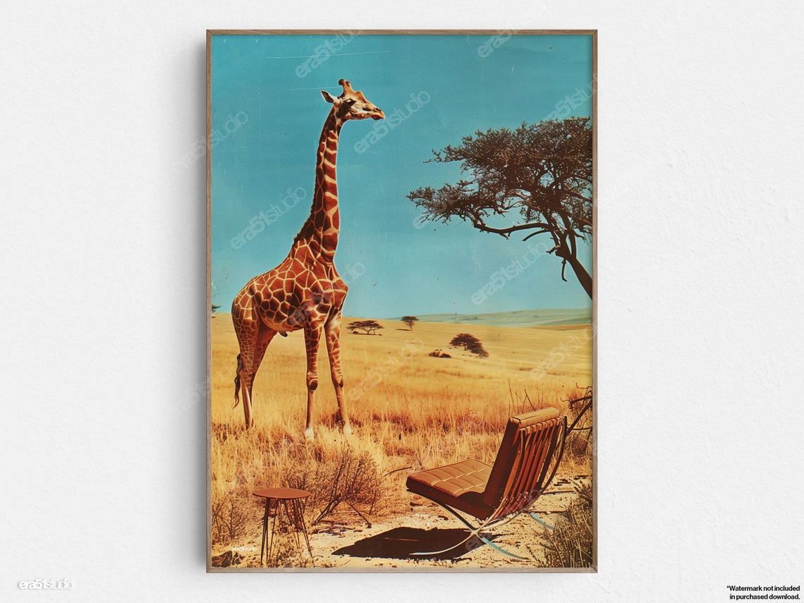 Desert Lounge With Giraffe Original Midcentury Modern Minimalist Wall Art