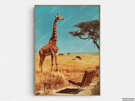 Desert Lounge With Giraffe Original Midcentury Modern Minimalist Wall Art