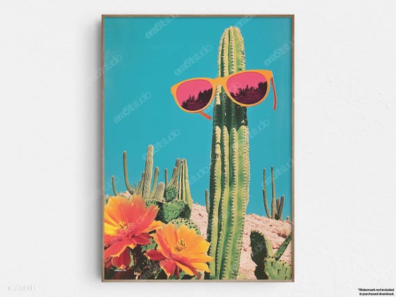 Cactus In Sunglasses Desert Original Midcentury Modern Minimalist Wall Art