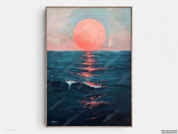 Crimson Sun Seascape Original Midcentury Modern Minimalist Wall Art