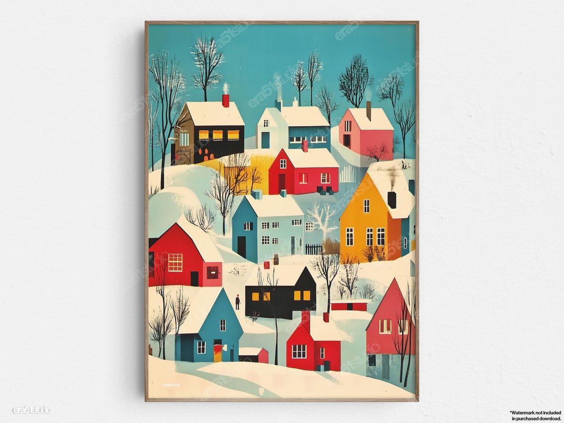 Winter Village Colorful Scene Original Midcentury Modern Minimalist Wall Art