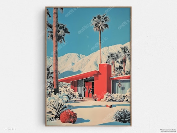 Snowy Desert Christmas Midcentury House Palms Holiday Wall Art