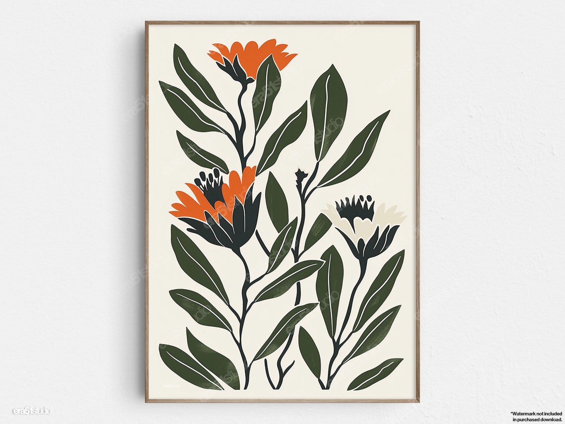 Orange Cactus Flowers Cluster Original Midcentury Modern Minimalist Wall Art