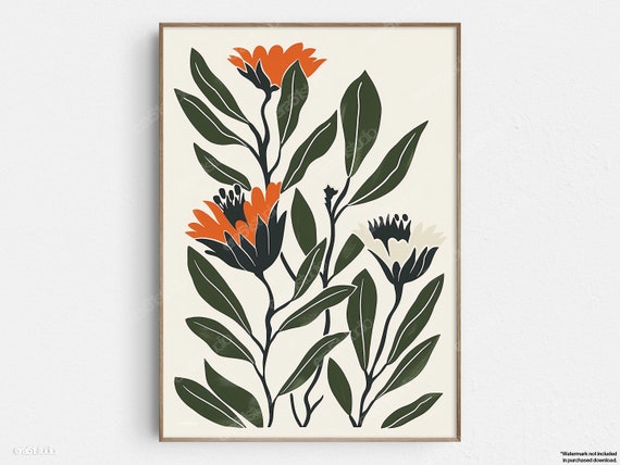 Orange Cactus Flowers Cluster Original Midcentury Modern Minimalist Wall Art