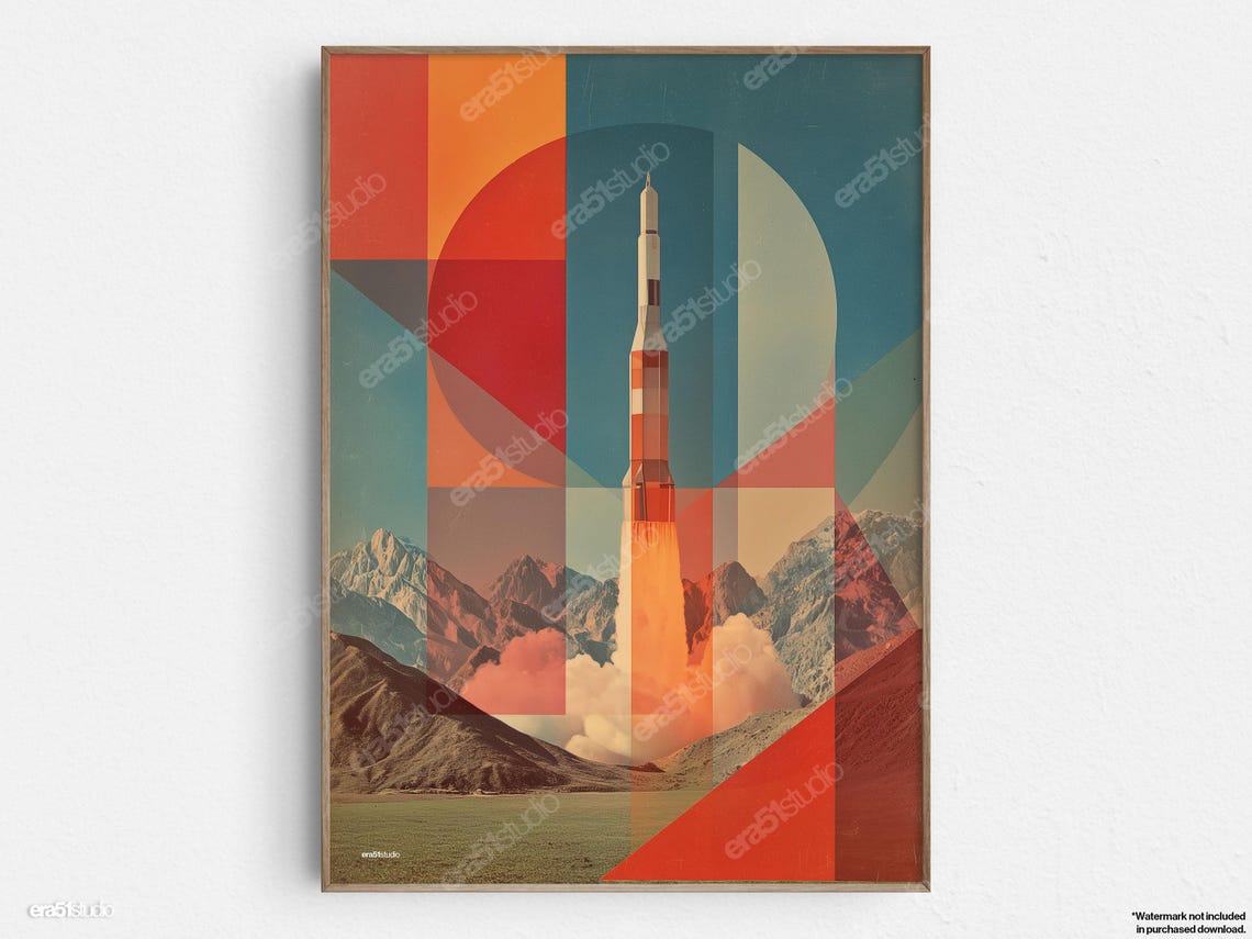 Rocket Launch Abstract View Original Midcentury Modern Minimalist Wall Art