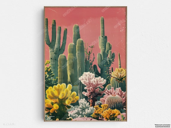 Pink Desert Succulents Original Midcentury Modern Minimalist Wall Art