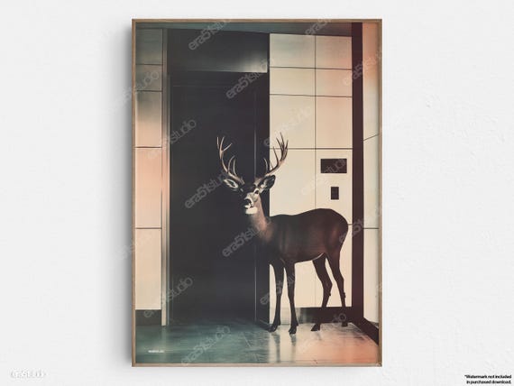 Deer Standing In Elevator Original Midcentury Modern Minimalist Wall Art