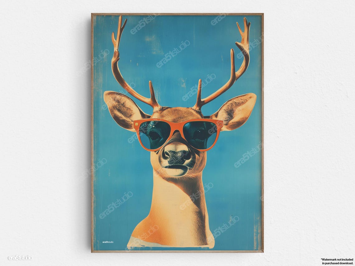 Deer With Orange Glasses Original Midcentury Modern Minimalist Wall Art