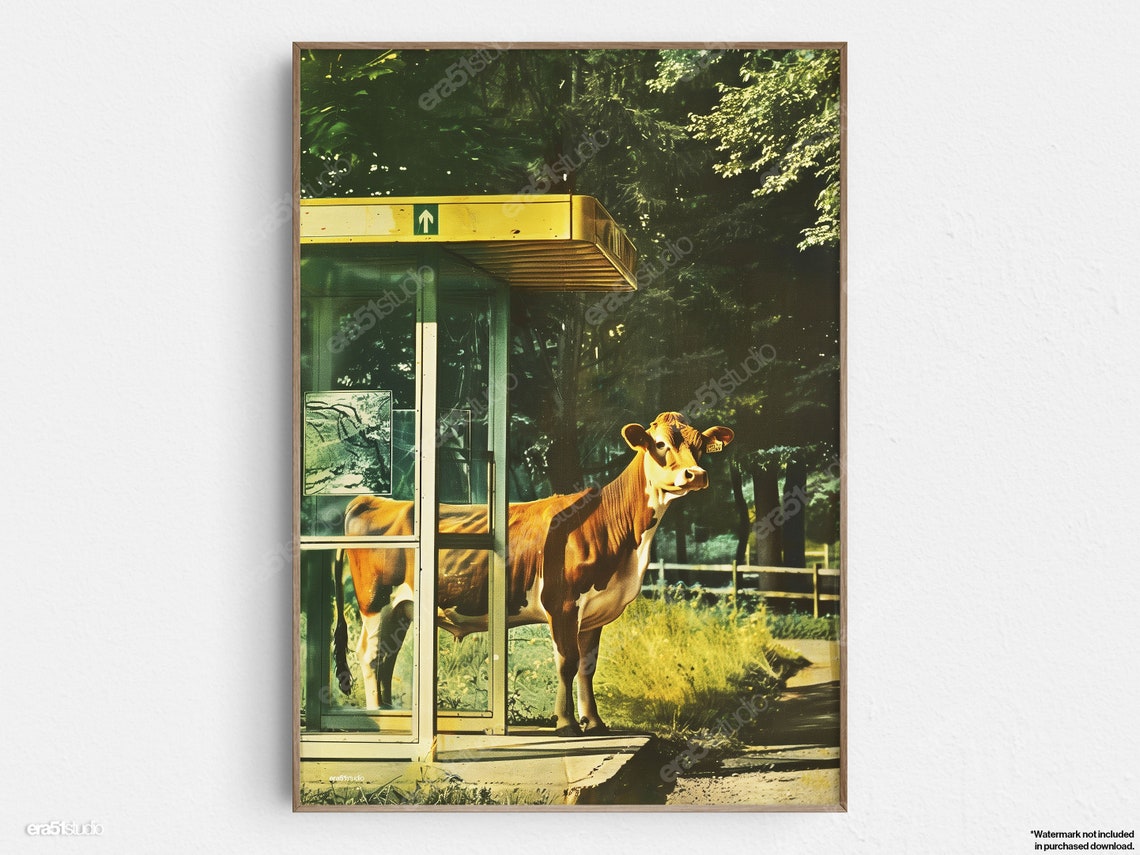 Cow At The Bus Stop Original Midcentury Modern Minimalist Wall Art