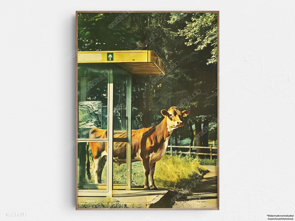 Cow Waiting at the Bus Stop Quirky Surreal Countryside Art Print
