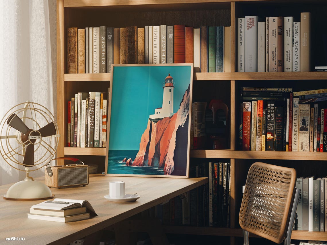 White Lighthouse On Red Cliffs Edge Over Teal Sea Retro Poster - Image 3