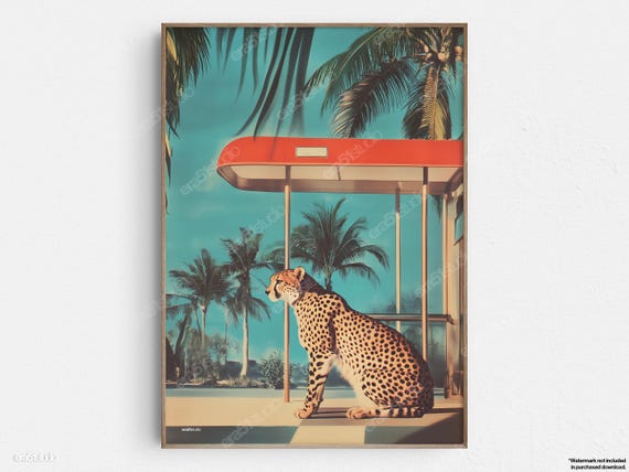 Cheetah Tropical Retro Scene, Mid-Century Modern Poster