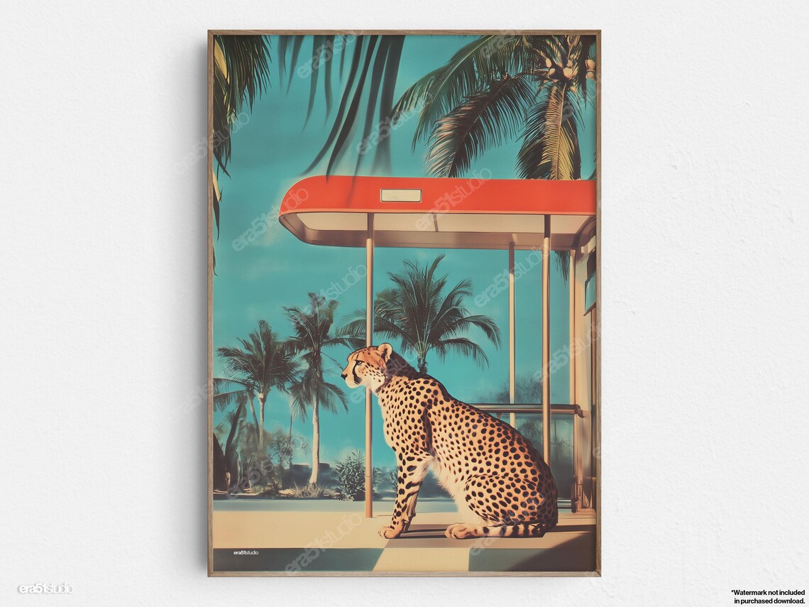 Cheetah Tropical Retro Scene, Mid-Century Modern Poster