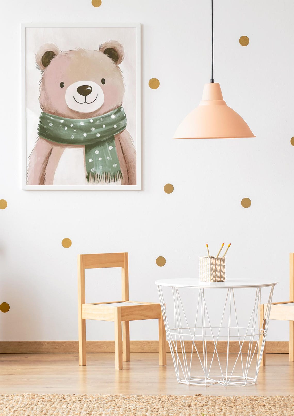 Smiling Brown Bear With Green Polka Dot Winter Scarf Nursery Poster - Image 3