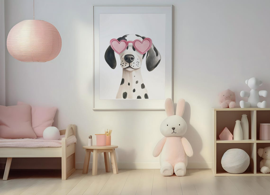 Dalmatian Puppy With Pink Heart Sunglasses Kids Room Nursery Poster - Image 3
