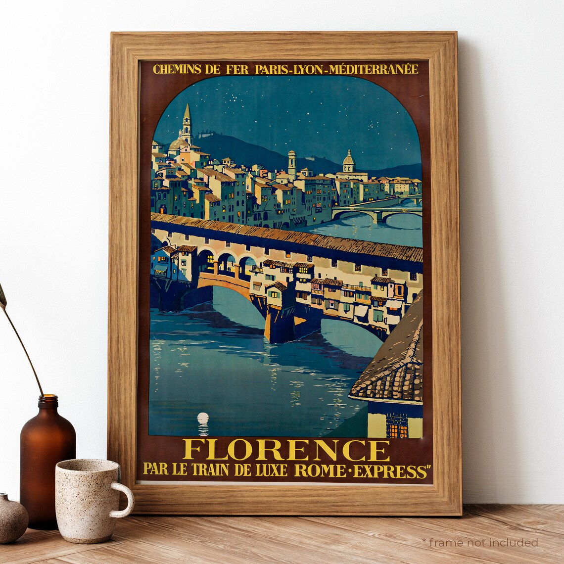 Vintage Florence Italy Railway Night Bridge Travel Art Poster