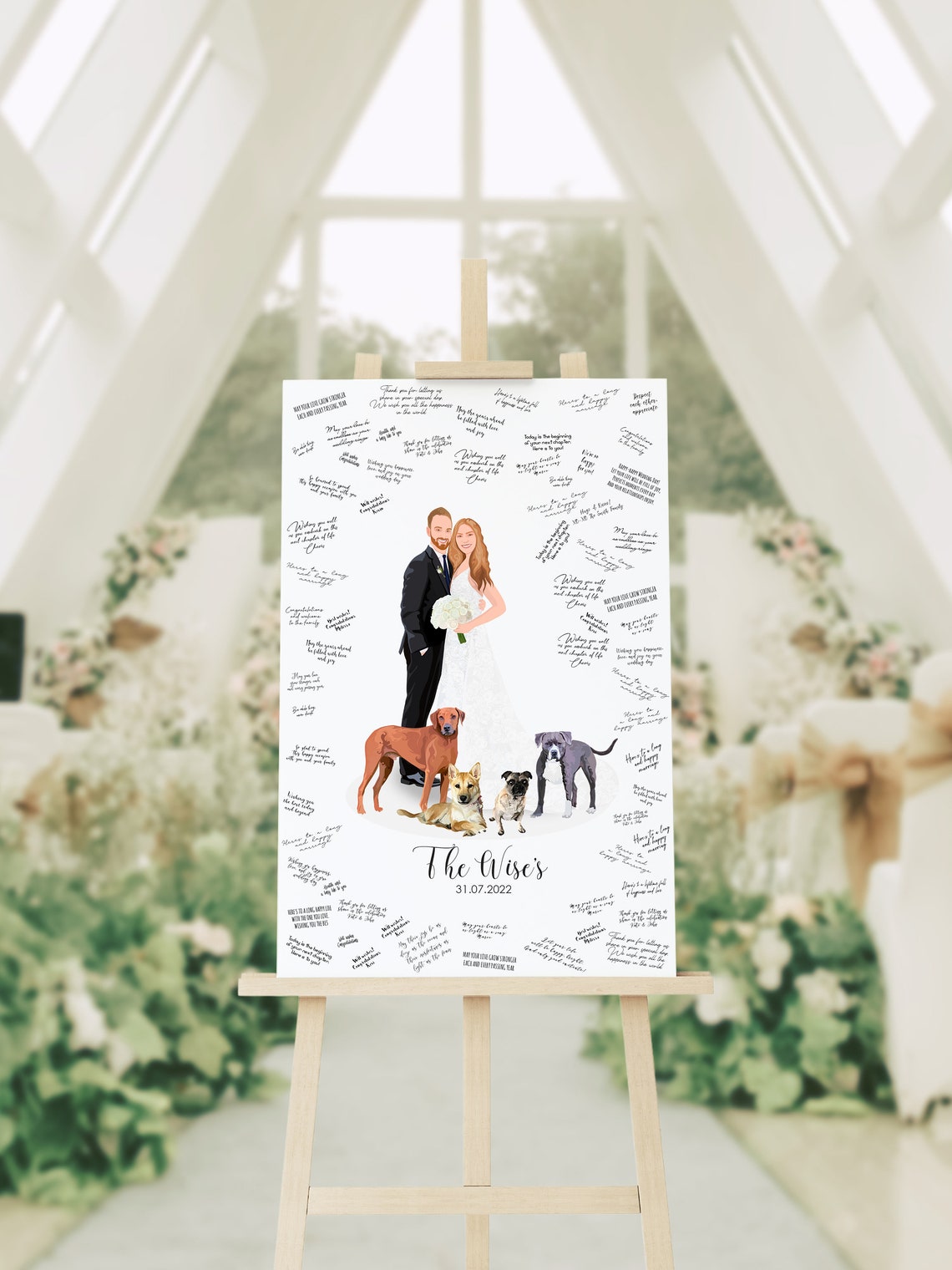 Custom Wedding Guest Book Canvas With Couple and Four Dogs Poster - Image 5