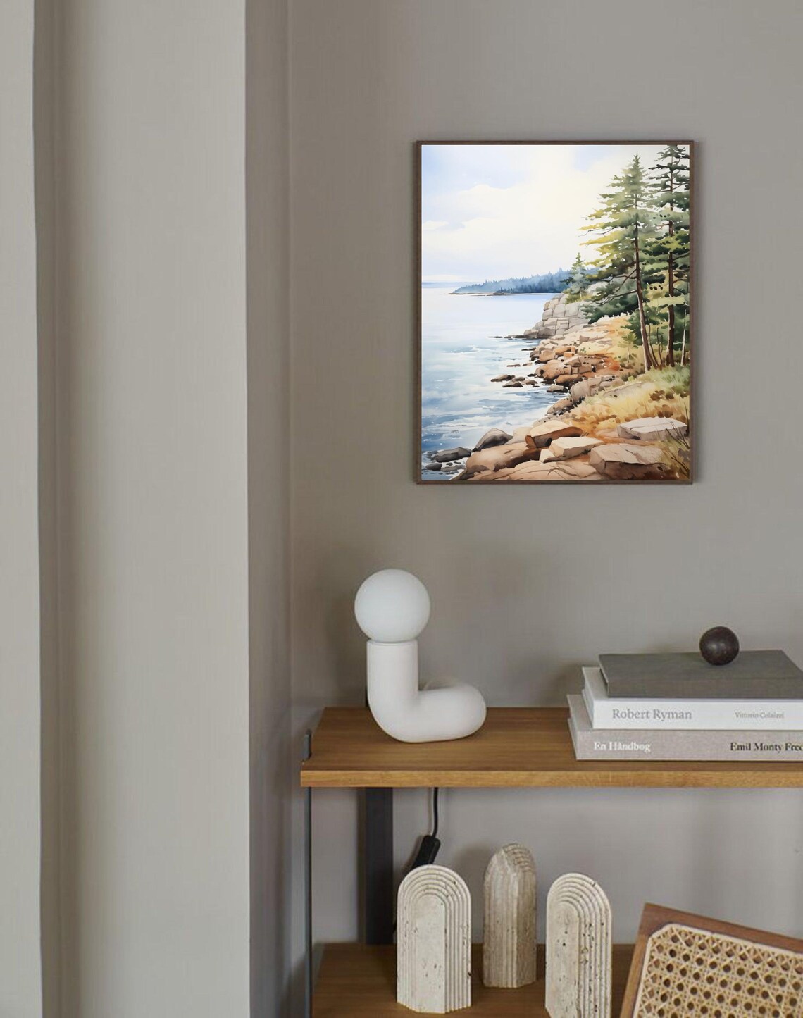 Rocky Shoreline Pine Forest Calm Water Watercolor Art Poster - Image 3