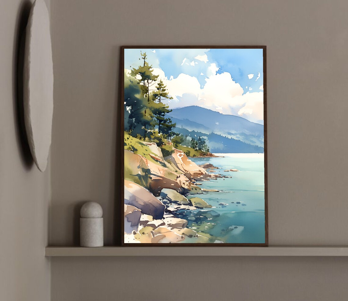 Okanogan River Washington Rocky Shore Pines Watercolor Poster - Image 2