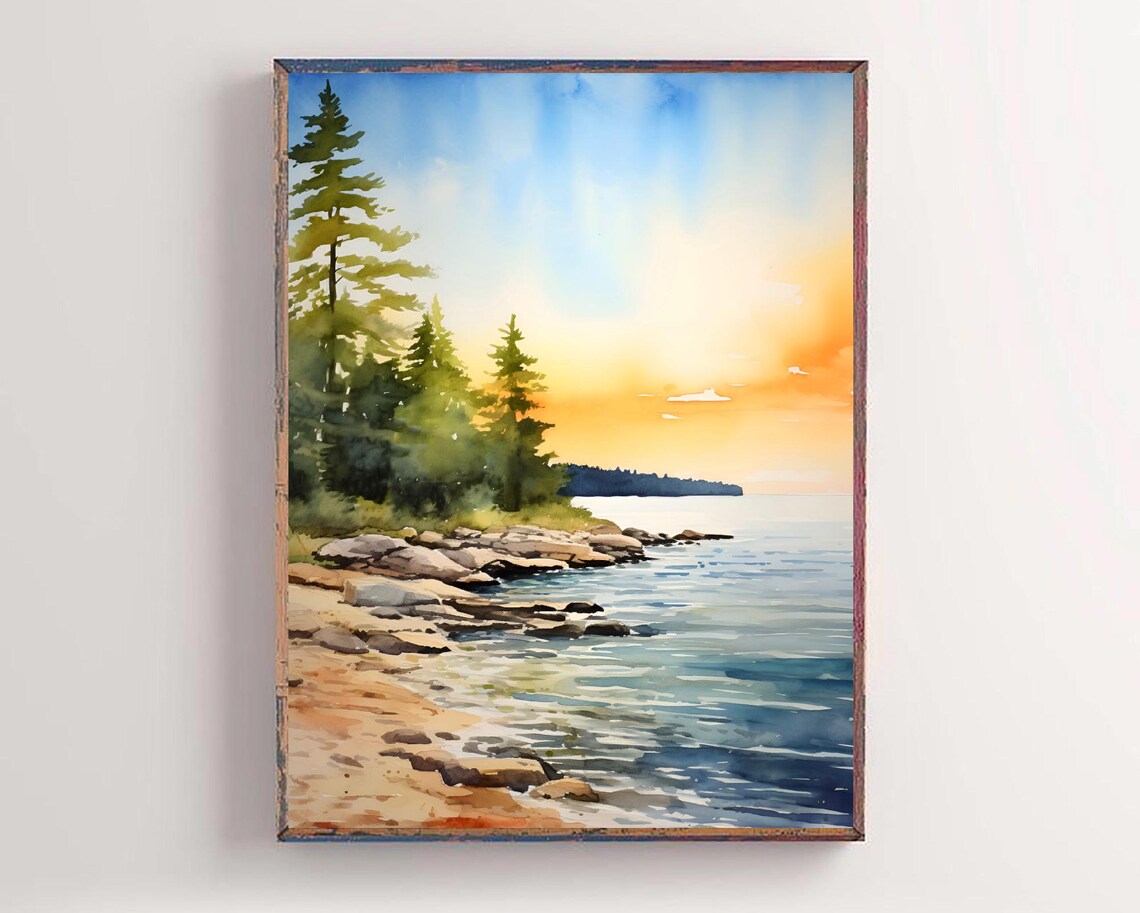 Lake Erie Sunset Pines Rocky Shore Lake View Watercolor Poster - Image 2