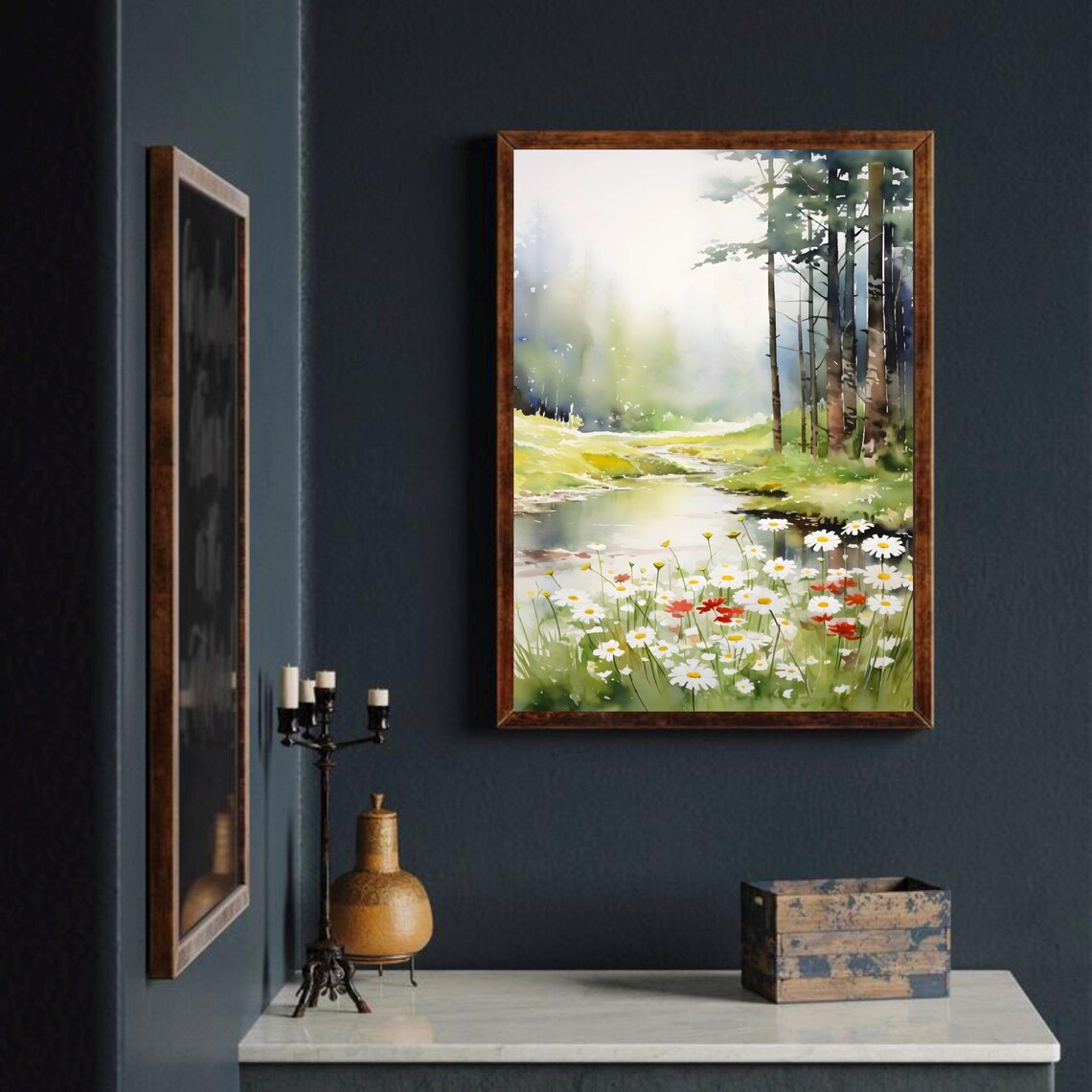 West Virginia Daisy Meadow Stream Pine Watercolor Floral Art Poster - Image 3
