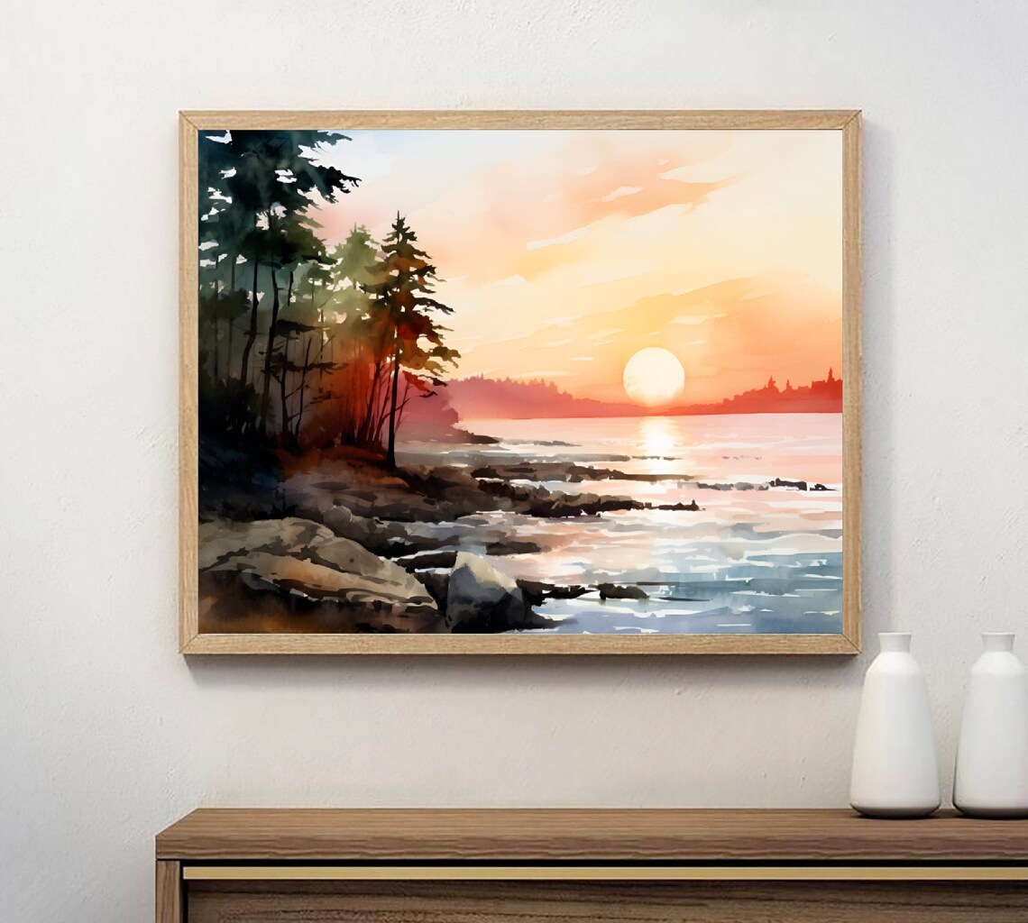 Lake Michigan Watercolor Sunset Landscape Art Print - Image 2