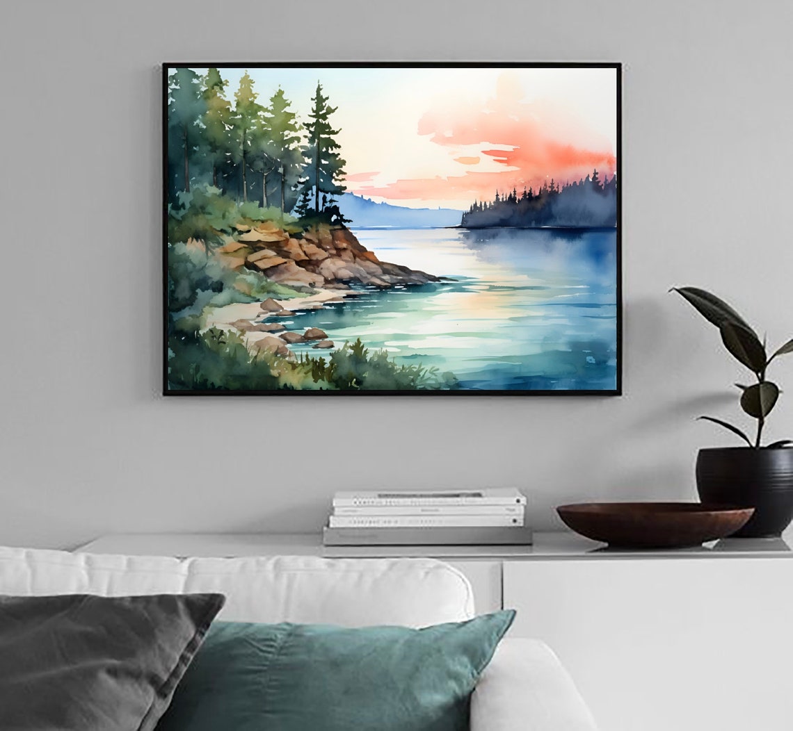 Pine Point Sunset Pink Sky Calm Water Watercolor Lake Scene Poster - Image 4