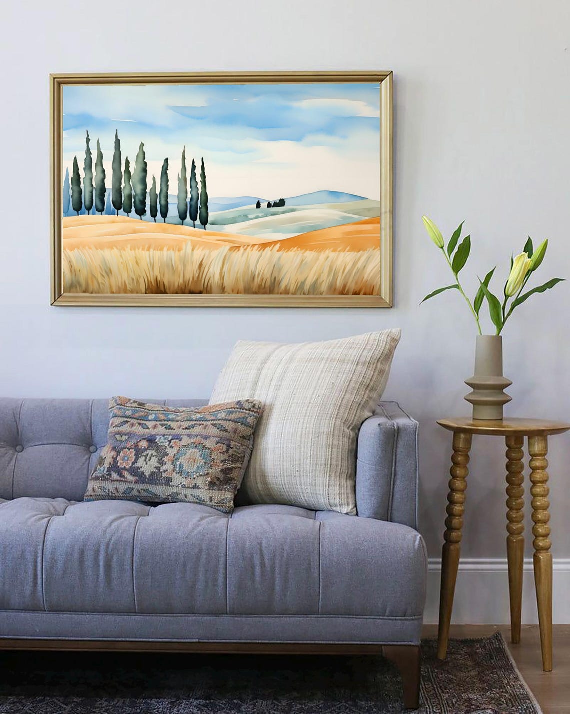 Golden Hay Field Cypress Trees Rolling Hills Watercolor Art Poster - Image 3