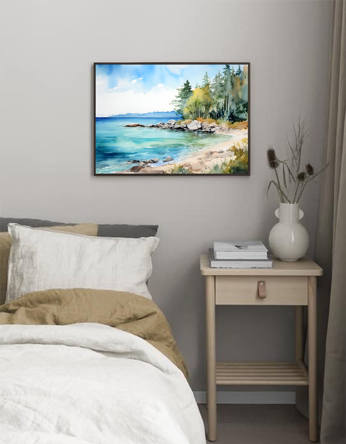 Sandy Cove Turquoise Water Pine Rocks Peaceful Bay Watercolor Poster - Image 3