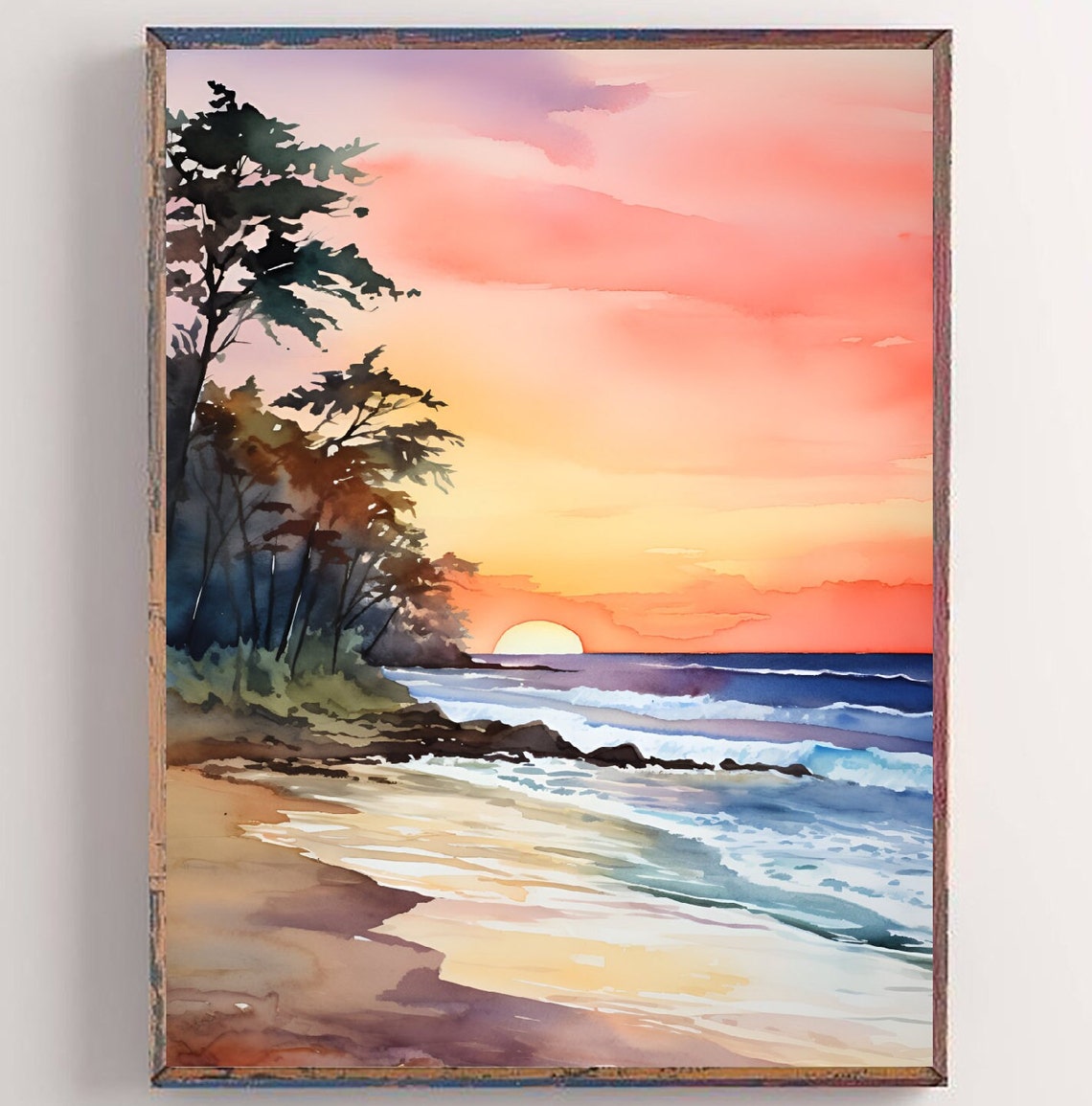 Tropical Beach Sunset Ocean Waves Golden Sky Watercolor Poster